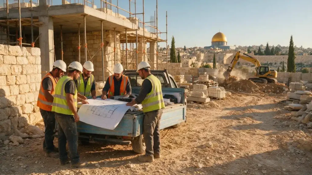 צוות קבוצת אלאה באתר בנייה בירושלים